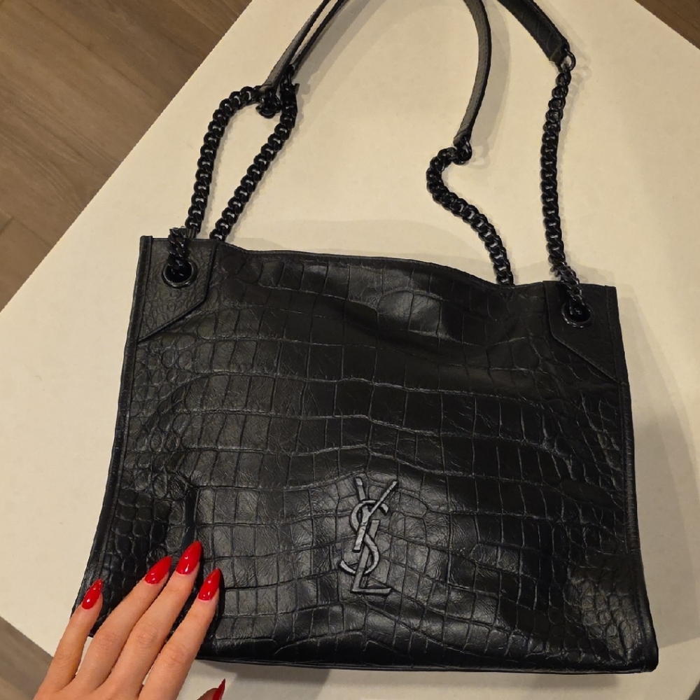 Yves Saint Laurent Black Shopper Croc-Pattern Shoulder Bag